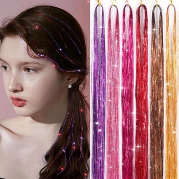 42 дюйма блестящие волосы мишура радужные цветные пряди для девочек головные уборы для волос для волос лазер накладные наращивания волос декор блестящая полоса