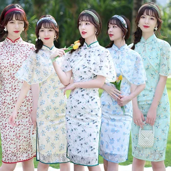 5 цветов Женщины средней длины Винтажное платье Cheongsam с шалью Цветочные платья Китайский стиль Лето Осень One Set Qipao S to 3XL