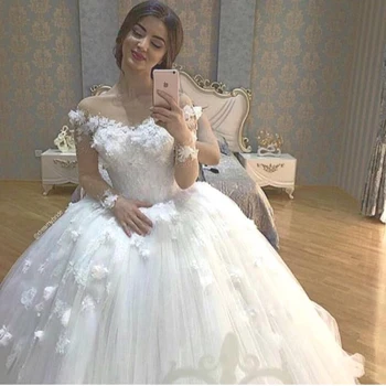 Ball vestido de noiva 2023 Иллюзия Вырез Арабское свадебное платье Длинные рукава с цветами Белые платья для матери невесты