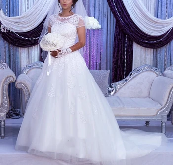 Beauty Scoop Аппликации Бусины Свадебное платье Sweep Train Vestido de Casamento Короткие рукава A-Line Элегантный корсет Свадебные платья