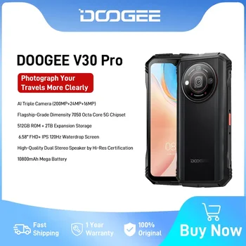 DOOGEE V30 Pro Прочный телефон 200 МП Камера 32 ГБ + 512 ГБ Dimensity 7050 5G Смартфон 6,58 дюйма FHD дисплей 10800 мАч 33 Вт Быстрая зарядка