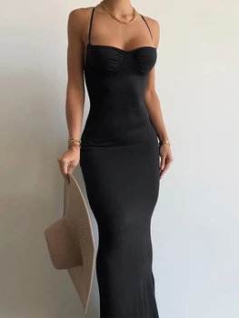 Dulzura Solid Black Backless Длинное Платье Для Женщин Облегающее Сексуальное Тонкое Макси Платье Вечеринка Клубные Наряды Лето Оптом Товары