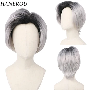 HANEROU Мужчины Короткий Синтетический Парик Прямой Черный Белый Смешанный Натуральные Волосы Термостойкий Парик Для Ежедневной Косплей Вечеринки
