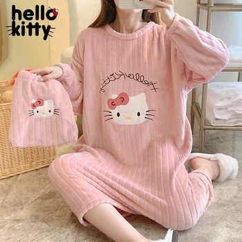 Hello Kitty Ночная рубашка Зимние женщины Пижамы с длинными рукавами Утолщенная фланель Теплые ночные рубашки Женские свободные рубашки для сна Домашняя одежда