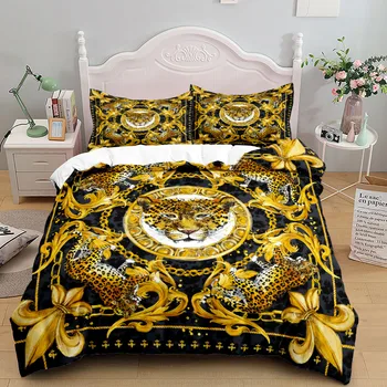 Leopard Luxury Gold 3D Пододеяльник Комплект постельного белья Двуспальная кровать Комплект одеял Пододеяльник 2 человека Домашний декор Дропшиппинг