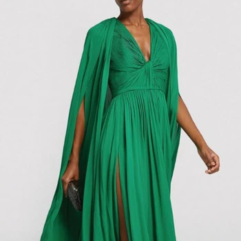 Muloong Зеленое платье миди с глубоким V-образным вырезом плиссированное платье до пола Классическое роскошное вечернее платье с рукавами накидки Выпускное платье с шалью