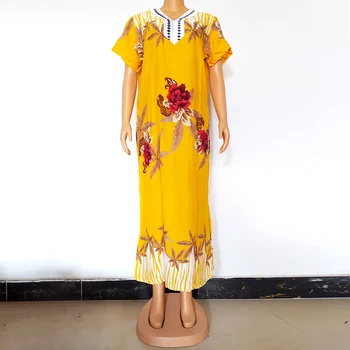 Африканские платья для женщин Аппликация V-образным вырезом Короткий рукав летучей мыши Элегантные дамы Макси Vestidos Цветы Принт Платье Праздник
