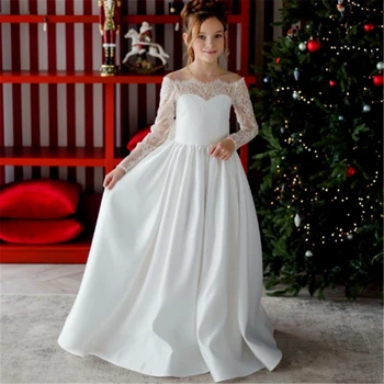  Белый атлас Цветочные платья для девочек Кружевной принт для свадьбы Пышное элегантное платье для первого причастия ребенка Дети Мечта Подарок Бальные платья