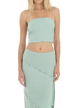 Женская юбка из 2 предметов Летние однотонные укороченные топы без бретелек и длинная юбка с высоким разрезом Уличная одежда 90-х годов