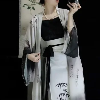  Китайское традиционное платье ханьфу 3 шт. Улучшенный современный стиль Летний бамбуковый принт Кардиган-труба Топ Черная юбка с лошадиным лицом