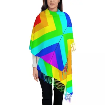  Красочная радужная женская шаль из пашмины Обертывания Бахрома Шарф Длинный большой шарф