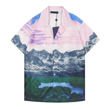 Летние мужские гавайские рубашки с коротким рукавом Пляжная блузка с горным принтом в стиле хип-хоп 2023 Модный бренд Streetwear Повседневные рубашки Aloha