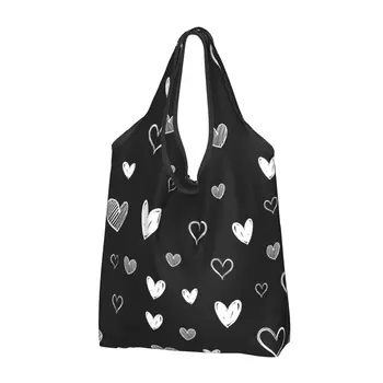 многоразовая сумка для продуктов Heart Doodles Складная сумка для покупок с возможностью машинной стирки Большая эко-сумка для хранения Прикрепленный чехол
