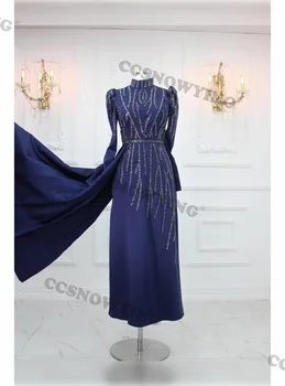 Модные аппликации Атласное платье выпускного вечера с высоким вырезом и длинным рукавом Платья для торжественных случаев Арабский Дубай Кафтан
