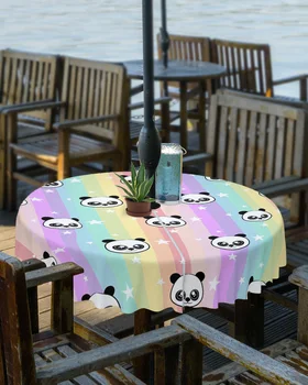 Мультяшное животное панда звезда радужные полосы на открытом воздухе скатерть с отверстием для зонтика на молнии водонепроницаемая крышка круглого стола для патио