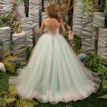 Мятно-зеленое платье для девочки-цветка пушистый тюль кружевное бисерное плиссированное свадебное элегантное платье для первого причастия ребенка