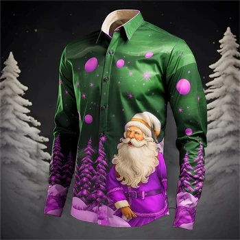 Новая праздничная рубашка Санта-Клауса 3D-печать Лидер продаж Рождественская рубашка с длинным рукавом Вечеринка Мужская рубашка Повседневная мода Мужские топы