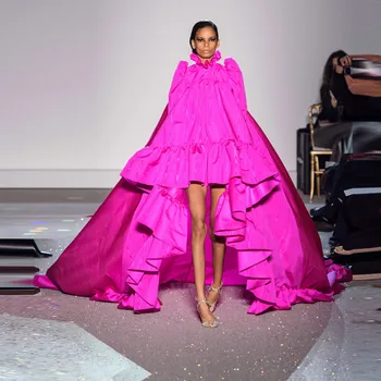 Новое великолепное выпускное платье vestido de festa с цветочным вырезом платья для вечеринок с полным рукавом ярко-розовые выпускные платья асимметричные со шлейфом