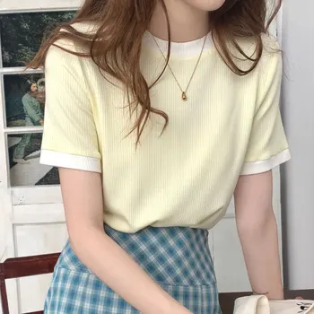 Новый корейский милый пэчворк с коротким рукавом футболки женские повседневные с круглым воротником тонкие футболки женские летние всематчевые топы