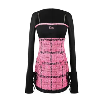 Оригинальное платье Барби Платье из двух частей А-силуэта с подтяжками и жилетом Сексуальное платье в стиле пэчворк Сладкий розовый костюм в клетку Подарок