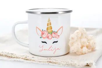 персонализированный детский единорог имя кружка девушка подарок на день рождения молоко эмалированная чашка детская походная чайная чашка