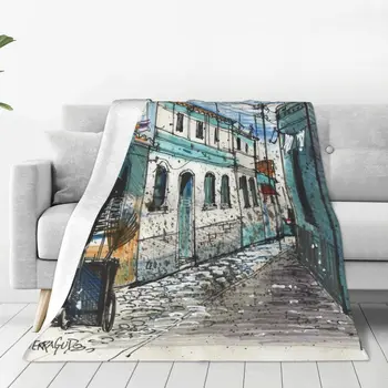 Печатное произведение искусства в рамке, показывающее деревенский переулок Феррагудо Португалия Одеяло Покрывало на кровати Одеяло для пикника Одеяло на