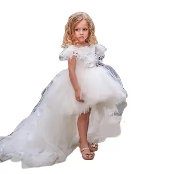  Платье для крестин с коротким рукавом 2023 Fashon Цветочница Девушки Платья для свадьбы Белый Высокая / Низкая длина пола Новый
