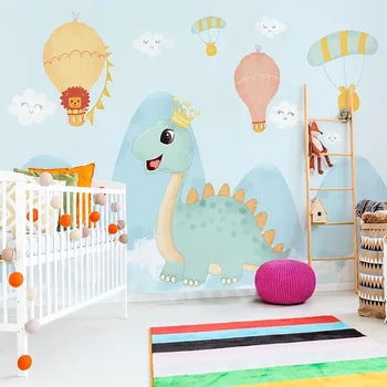 Пользовательские мультяшные обои Современный динозавр Воздушный шар Детская комната Спальня для девочек Мультяшная фреска Papel De Parede Домашний декор