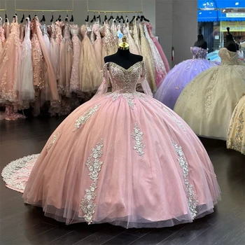 Розовое бальное платье Quinceanera Платья Золото 3D Цветочные аппликации Кружево Золушка 16 Платья принцессы Vestidos De 15 Anos