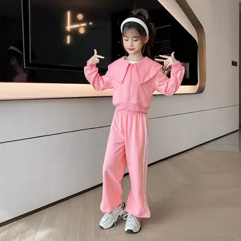 Розовый костюм для девочек Лето 2023 Новый детский весенний спортивный пиджак с длинным рукавом + брюки повседневный осенний детский корейский комплект из двух частей от 4 до 14 лет