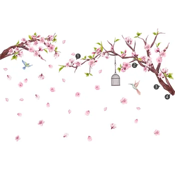 Розовый цветок персика Ветка Птичья клетка Настенная наклейка Мультфильм Детская спальня Фоновое украшение Детский сад Классная наклейка