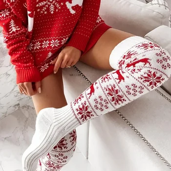 Трансграничные рождественские вязаные шерстяные чулки для женщин Лось, снежинка, жаккардовый пол, длинные носки с ворсом до колена