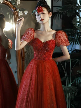 элегантная леди вечернее платье женское обручальное бальное платье роскошное красное платье с пайетками тюль длинные вечерние платья невеста свадебная вечеринка банкет
