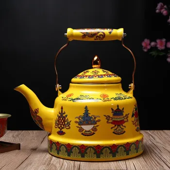 эмалированный чайник с керамической ручкой, Тибет удачи желтыйЧайник для плиты / индукционной плиты Горячая вода Без свиста 2,4 л