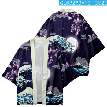 Японский кардиган с принтом волн укиё-э Кимоно Пляж Женщины Мужчины Косплей Хаори Юката Традиционные азиатские рубашки Одежда 2023