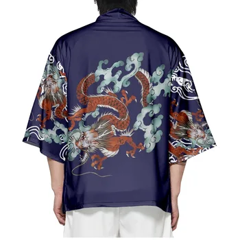 Японский стиль Самурайский Дракон Принт Кимоно Лето Уличная Одежда Мужчины Женщины Кардиган Харадзюку Аниме Халат Одежда